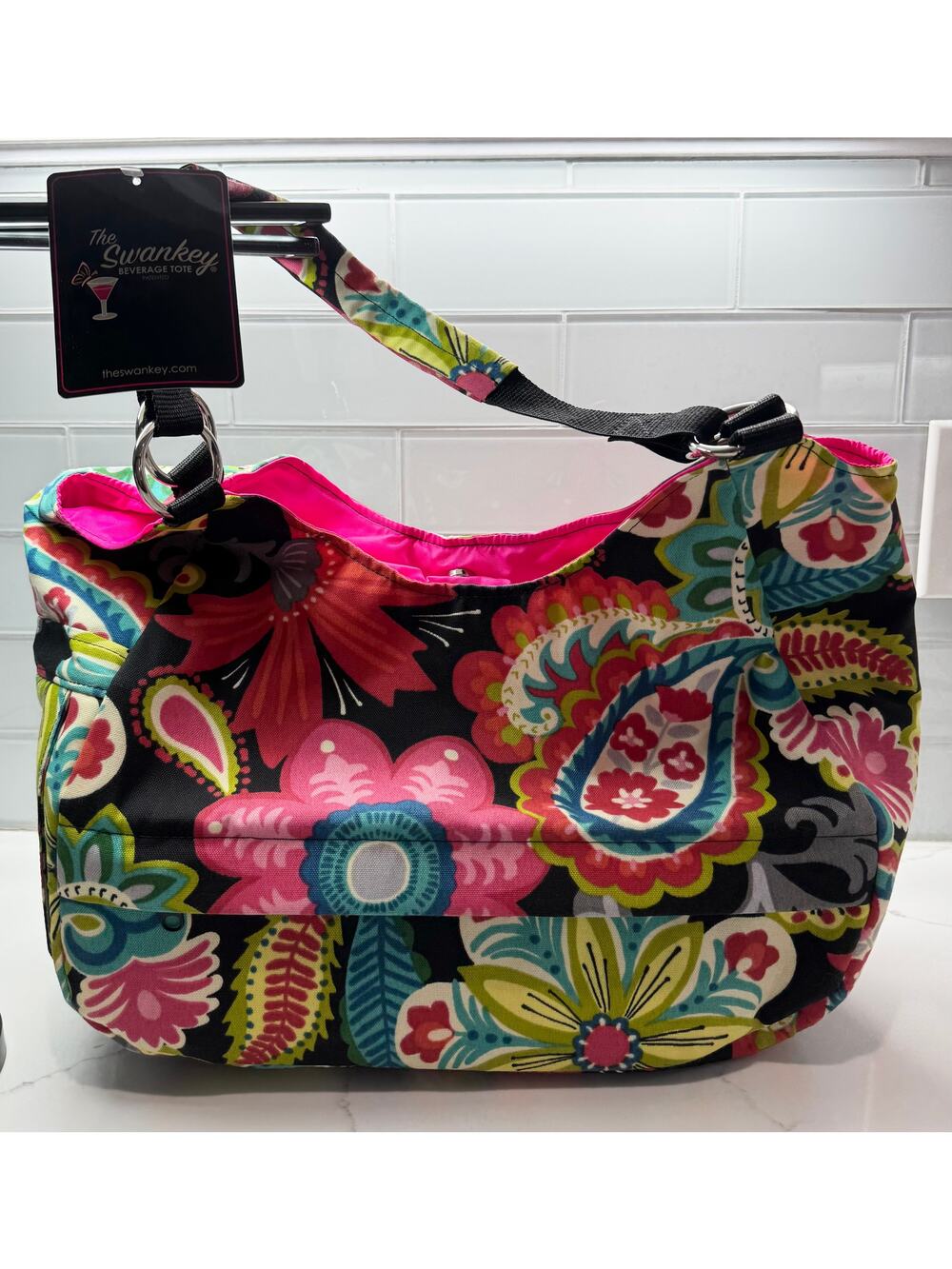 Original "The Swankey" Insulated Beverage Tote Bag, Bright Flowers, NWT